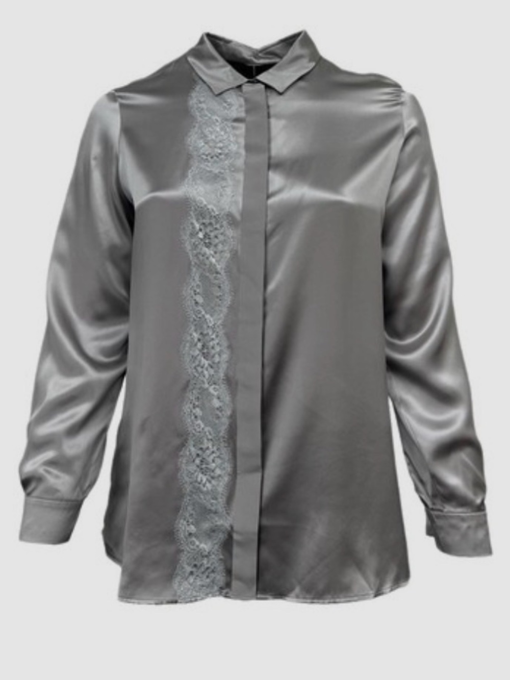 Marina Rinaldi 100% Silk Lace-Trim Long Sleeve Shirt - Gray